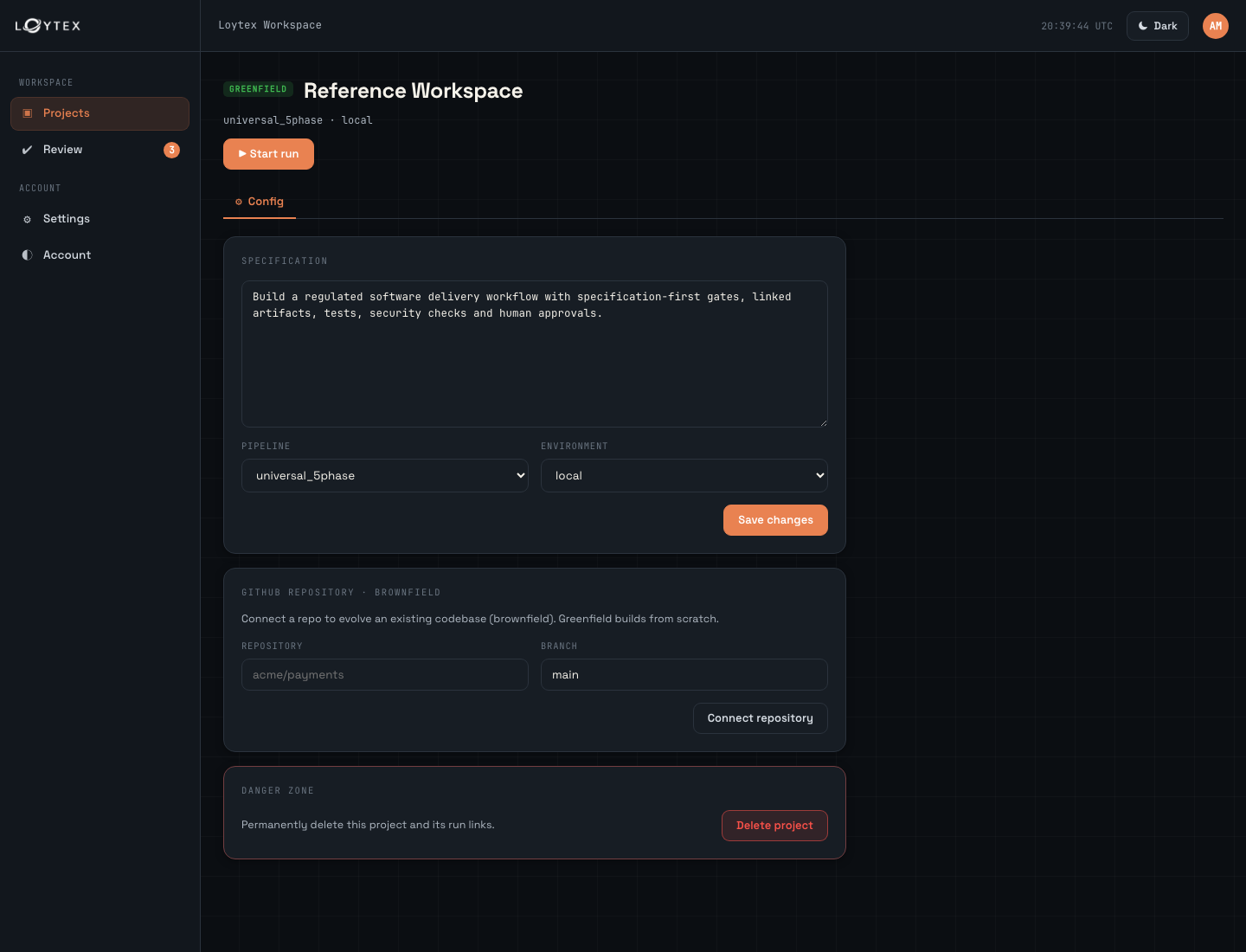 Screenshot of the Loytex Console workspace setup for a supervised SDLC run